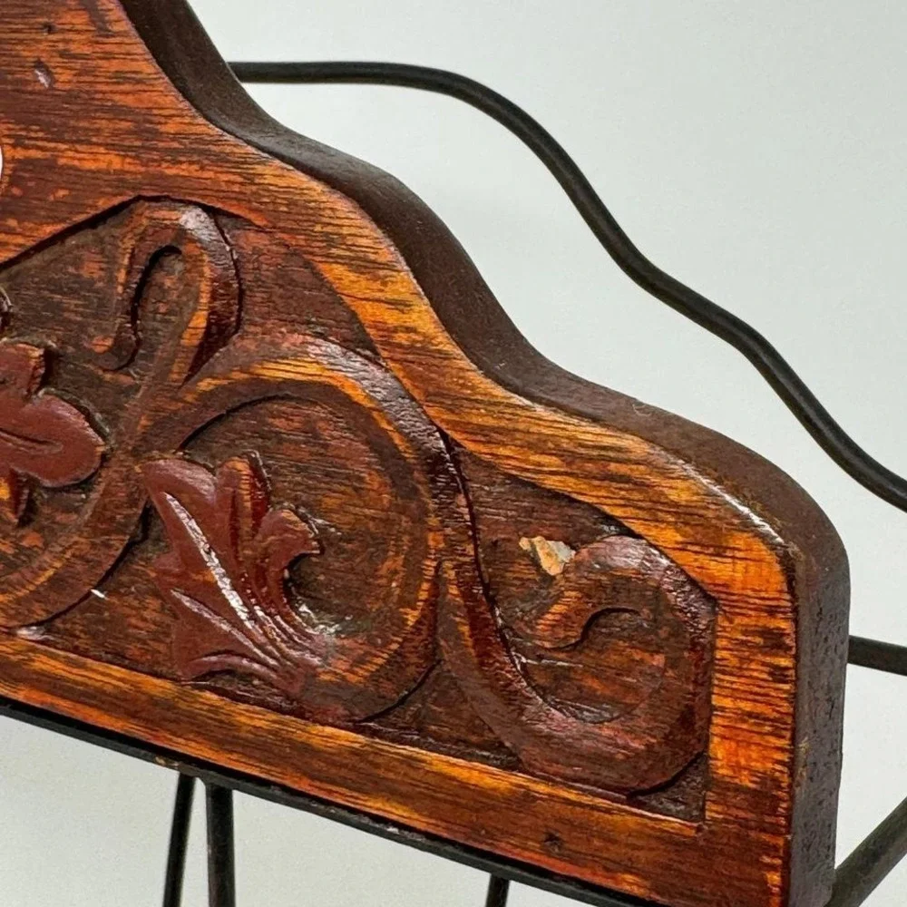 Vintage Carved Wood and Metal Wire Magazine Rack Scrollwork Handle Brown
